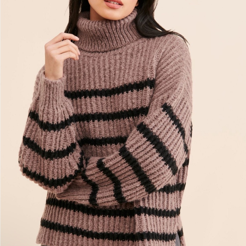 Line & Dot Ribbed Turtleneck Sweater - Brown and Black